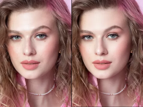 Крупный план девушки с естественным макияжем для портретной съемки в розовых тонах